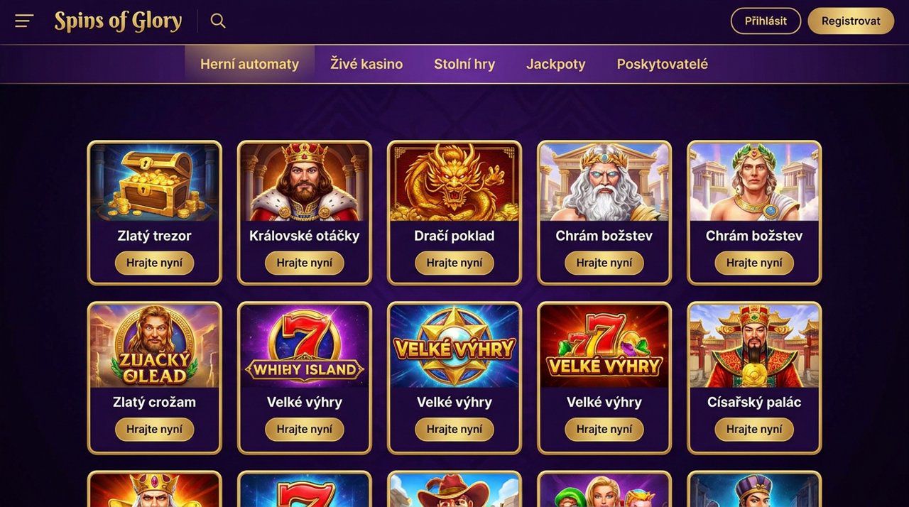 Úvodní stránka online kasina Spins of Glory s nabídkou automatů