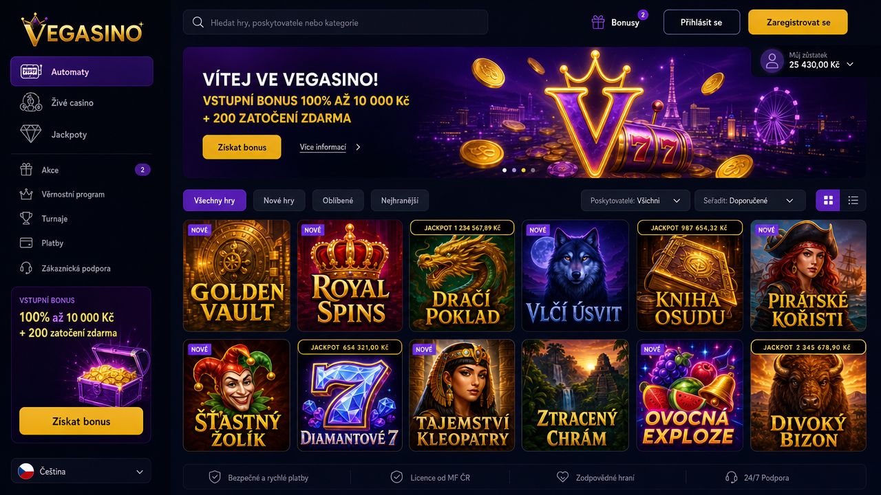 Snímek obrazovky domovské stránky online kasina Vegasino
