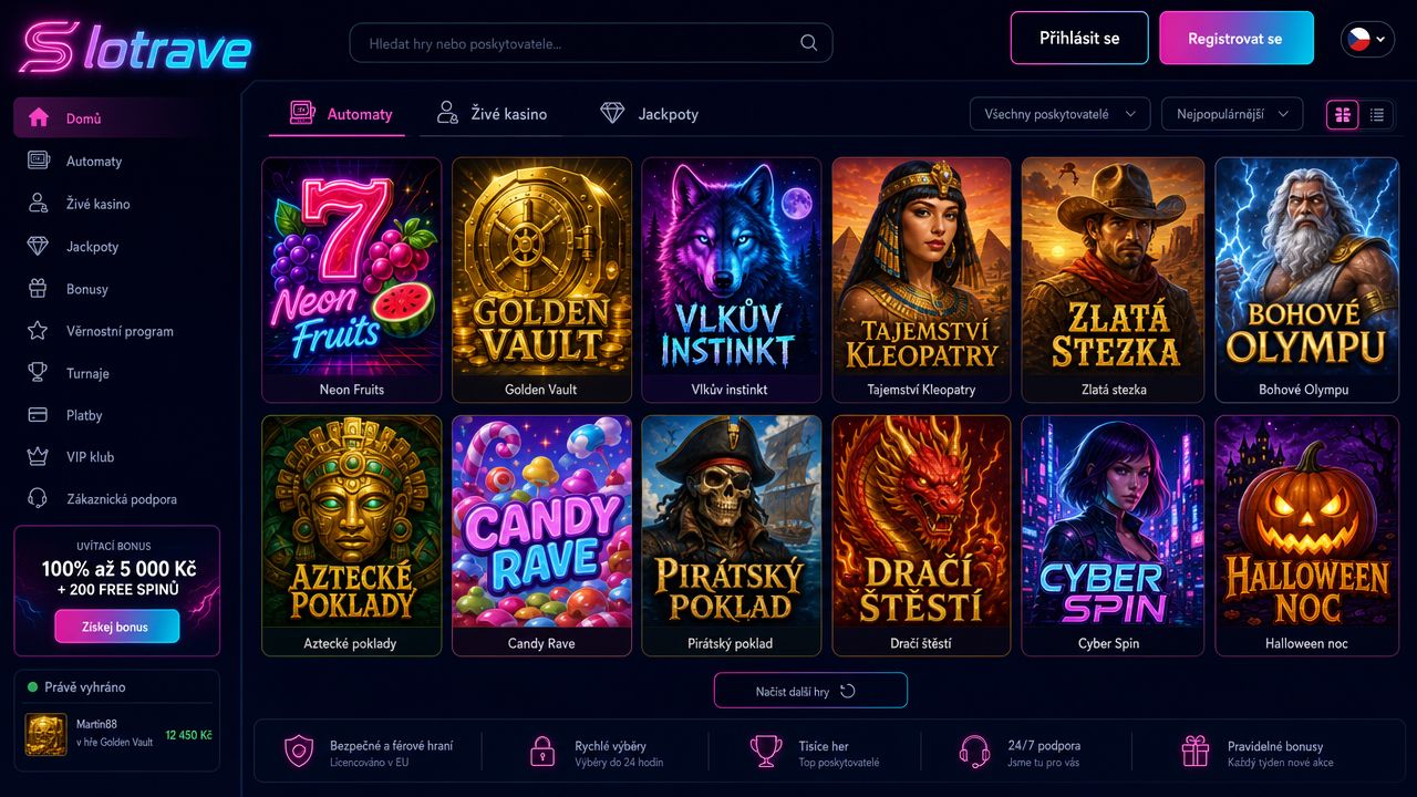 Ukázka webové stránky online casina Slotrave