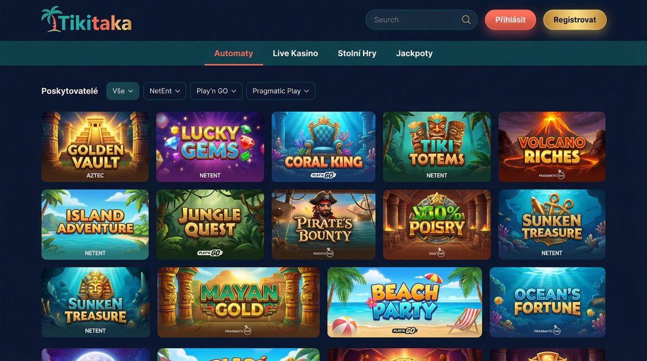 Úvodní stránka online casina Tikitaka s nabídkou automatů, živého kasina a jackpotů