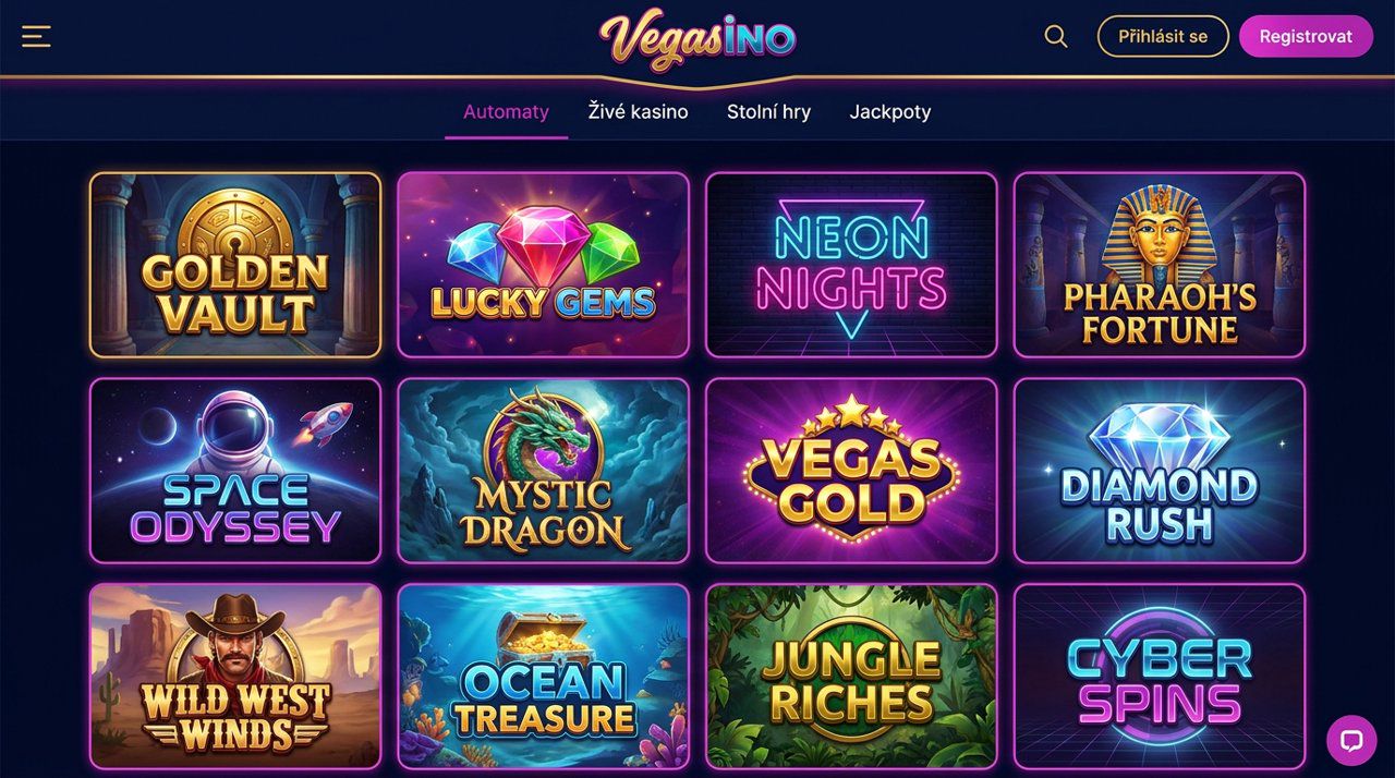 Úvodní stránka online casina Vegasino s nabídkou automatů a živého kasina