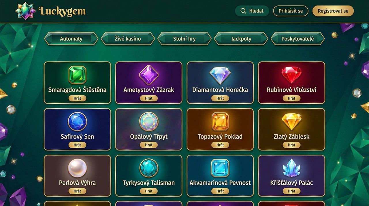 Úvodní stránka kasina Luckygem s nabídkou automatů a živého kasina