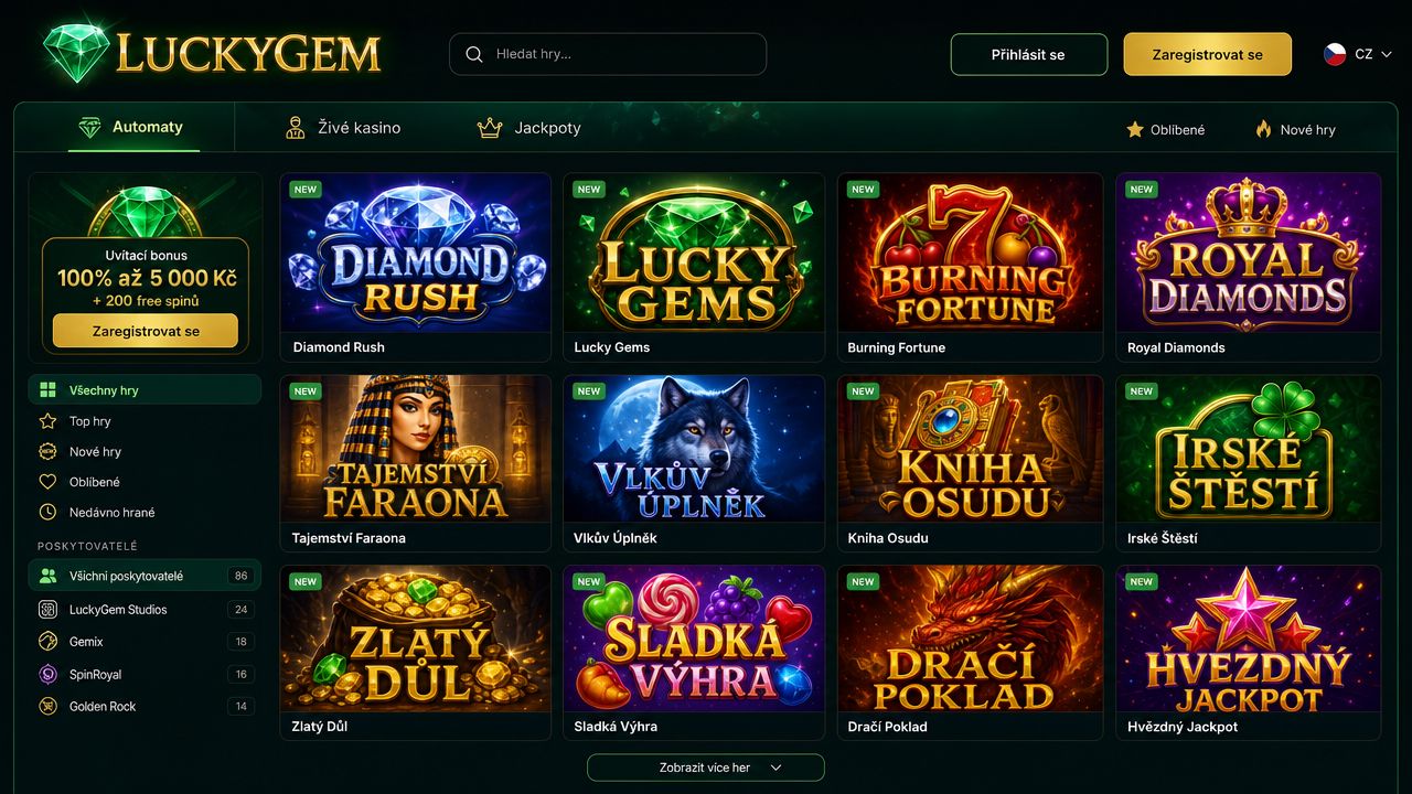 Ukázka webové stránky online casina Luckygem