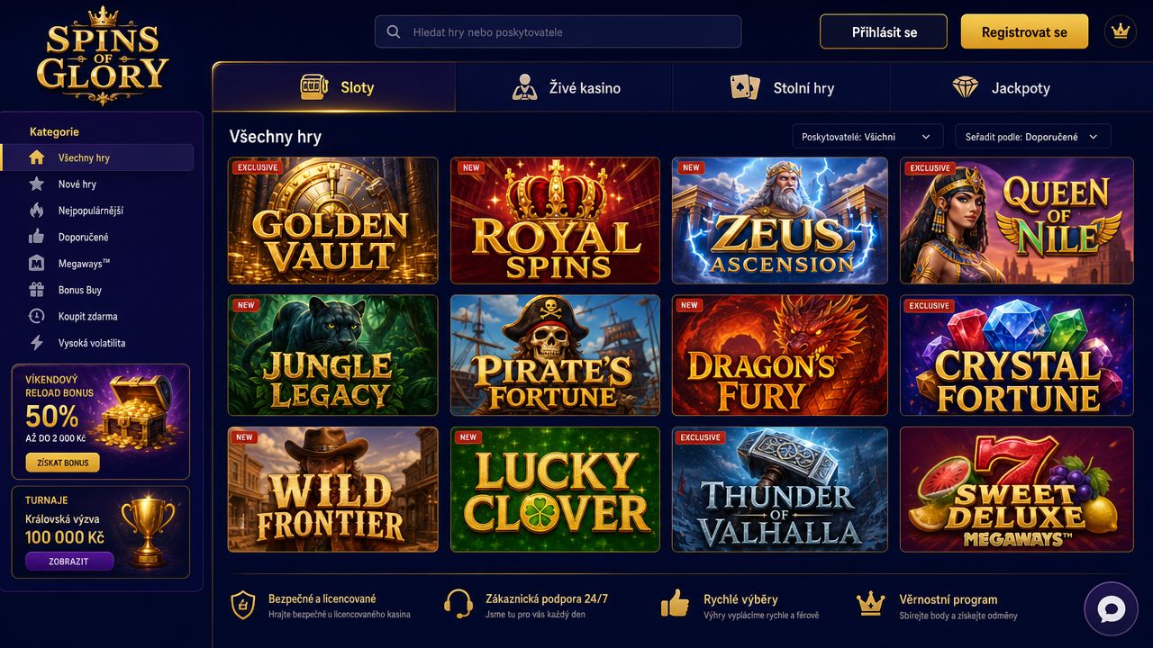 Ukázka webové stránky online kasina Spins of Glory